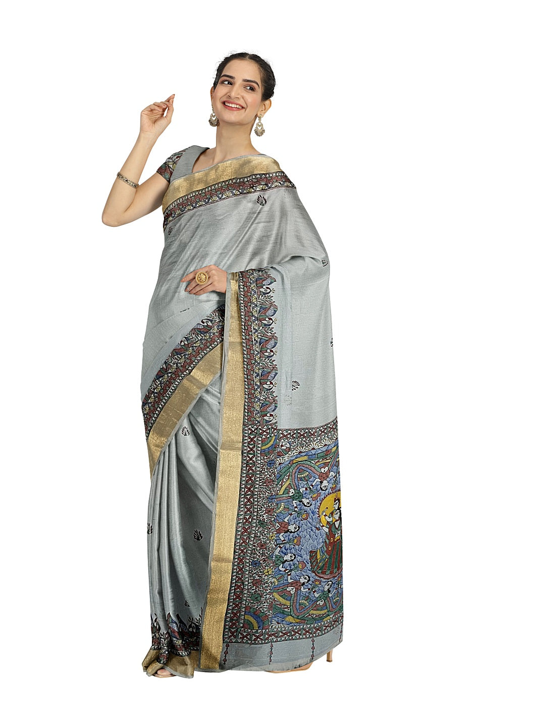 Powder Blue Hand-Painted Madhubani Saree on Chanderi Silk